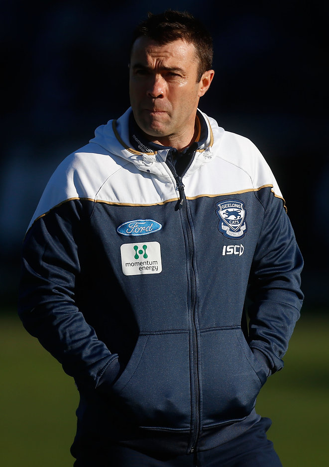 AFL 2015 Rd 12 - Geelong v Melbourne GEELONG, AUSTRALIA - JUNE 21: Chris Scott, Senior Coach of the Cats looks on during the 2015 AFL round twelve match between the Geelong Cats and the Melbourne Demons at Simonds Stadium, Geelong on June 21, 2015. (Photo by Adam Trafford/AFL Media)